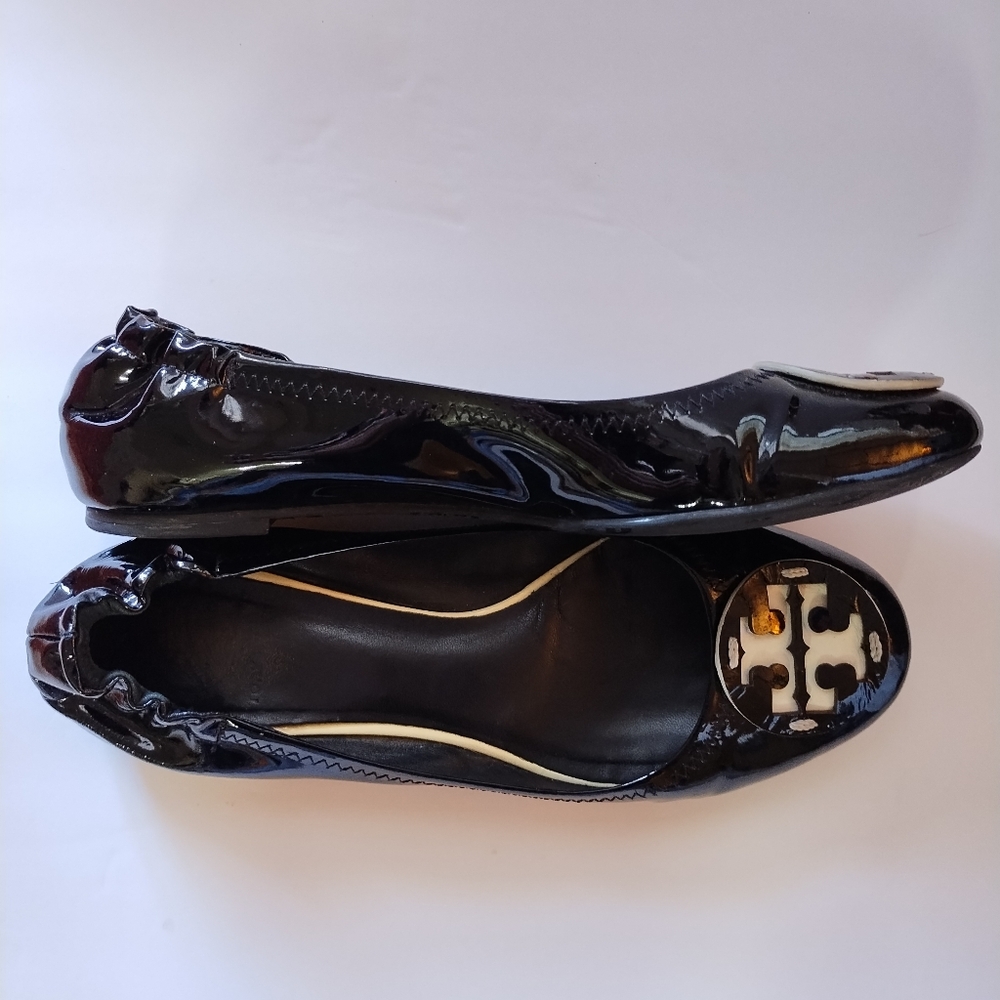 Tory Burch Reva Ballet Slip-On Flats Black Contrast Patent Leather Size 8 - Picture 11 of 16